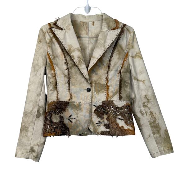 Boho Western Beaded Embellished Blazer Jacket Distressed Tie Dye – Size M - Picture 2 of 10
